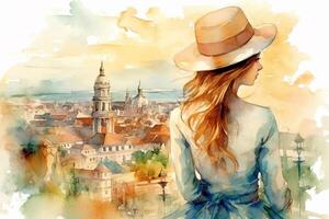 Illustration in a watercolor style. Beautiful girl in dress looking down at beautiful town from viewing platform. Profile view. Travel and foot walk. . photo