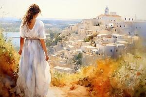 Illustration in a watercolor style. Beautiful girl in dress looking down at beautiful town from viewing platform. Profile view. Travel and foot walk. . photo