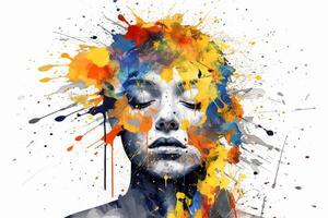 Mental health and creative abstract concept. Colorful illustration of female head in paint splatter style. Mindfulness and self care idea. White background. Copy space. . photo