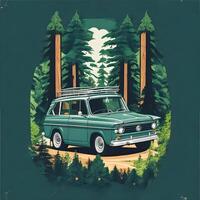 car in front of a forest cartoon  tshirt design graphic. AI Generative photo