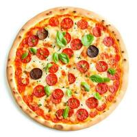 sabroso parte superior ver Pizza italiano tradicional redondo Pizza. blanco antecedentes. ai generativo foto