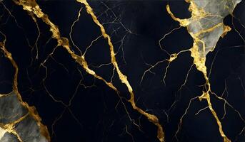 Abstract black marble background with golden veins, japanese kintsugi technique, fake painted artificial marbled stone texture. AI Generative photo