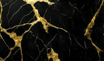 Abstract black marble background with golden veins, japanese kintsugi technique, fake painted artificial marbled stone texture. AI Generative photo