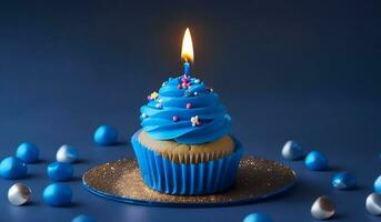 cumpleaños - magdalena con vela y azul decoración. ai generativo foto