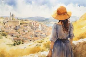 Illustration in a watercolor style. Beautiful girl in dress and hat looking down at beautiful town from viewing platform. Viewed from behind. Travel and relax. . photo