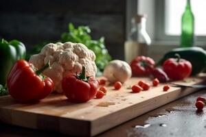 Fresh vegetables - tomatoes, paprika, cauliflower on a wooden cutting board in the kitchen. Healthy eating concept. Nutriciology. . photo