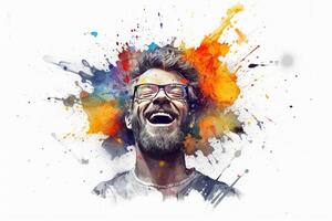 Mental health, happiness, creative abstract concept. Colorful illustration of male head, paint splatter style. Mindfulness, positive thinking, self care idea. Banner white background. . photo