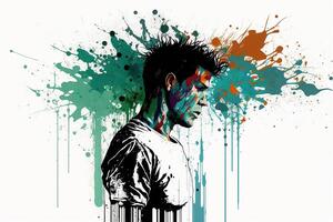 Mental health creative abstract concept. Colorful illustration of male head, paint splatter style. Banner white background. . photo