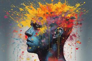 Mental health creative abstract concept. Colorful illustration of male head, paint splatter style. Mindfulness, positive thinking, self care idea. . photo