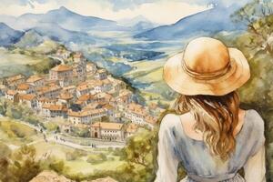 ilustración en un acuarela estilo. hermosa niña en vestir y sombrero mirando abajo a hermosa pueblo paisaje desde el colina. visto desde detrás. viaje y relajarse. generativo ai. foto