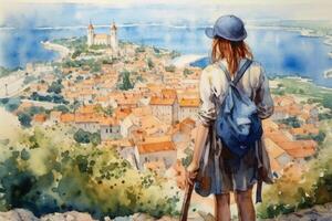 Illustration in a watercolor style. Travelling girl with backpage and cap looking down at beautiful town from viewing platform. Viewed from behind. . photo