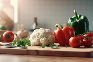 Fresh vegetables - tomatoes, paprika, cauliflower, parsley on a wooden cutting board in the kitchen. Healthy eating concept. Nutriciology. . photo
