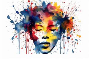 Mental health and creative abstract concept. Colorful illustration of female head in paint splatter style. Mindfulness and self care idea. White background. Copy space. . photo