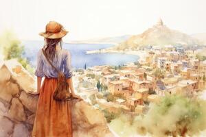 ilustración de de viaje joven mujer en un sombrero mirando abajo a hermoso pueblo desde el colina, visto desde detrás en un acuarela estilo. generativo ai. foto