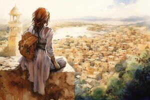 Illustration in a watercolor style. Travelling girl looking down at beautiful town from viewing platform. Viewed from behind. . photo