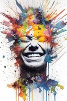 Mental health, happiness, creative abstract concept. Colorful illustration of male head, paint splatter style. Mindfulness, positive thinking, self care idea. Banner white background. . photo