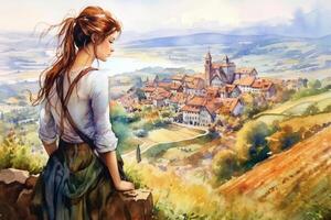 Illustration of traveling young woman looking down at the beautifull village landscape from the hill, profile view in a watercolor style. . photo