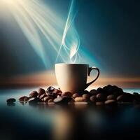 a cup of coffee and coffee beans scattered with a beautiful reflection - photo