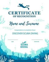 Diver certificate, recognition diploma template vector