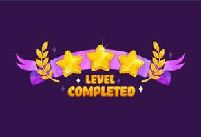 Game level complete, golden stars reward ribbon vector