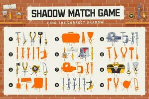 Shadow match game worksheet, cartoon work tools vector
