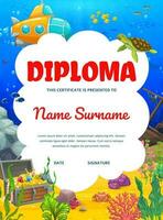 Kids diploma, cartoon yellow submarine, underwater vector