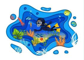 Young diver and underwater sea paper cut landscape vector