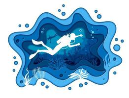 Scuba diving. Diver and sea underwater paper cut vector