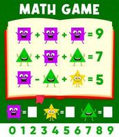 Cartoon math shape characters, math game worksheet vector