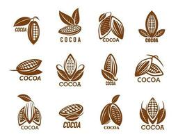 Cocoa icons, cacao or chocolate beans with leaf vector