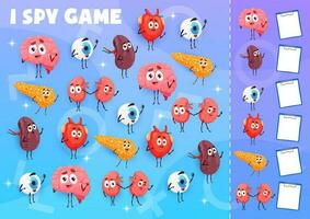 I spy game worksheet cartoon human organs, riddle vector