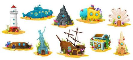 Cartoon underwater buildings game asset set vector