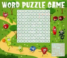 Word search puzzle game with berry characters vector