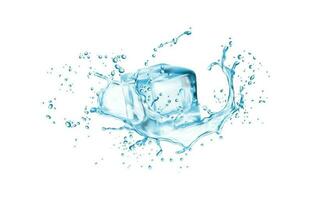 Ice cube with water splash isolated 3d vector