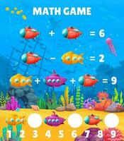 Math game worksheet with cartoon submarines vector