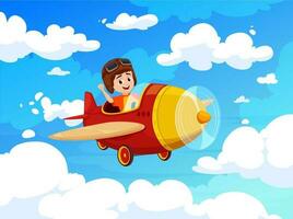 Kid flying on plane in blue cloudy sky child pilot vector