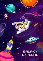 dibujos animados espacio póster con niño astronauta personaje vector