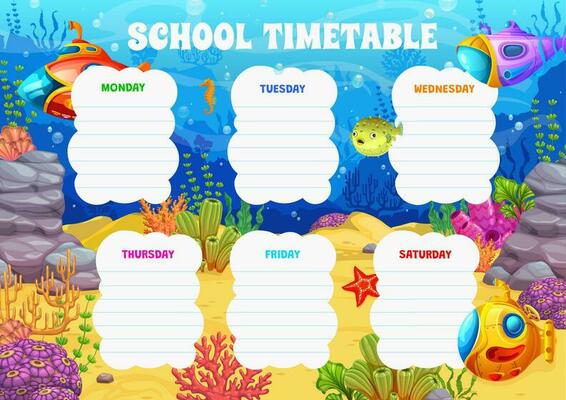Timetable with underwater landscape, submarines
