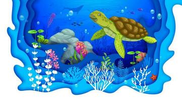 Cartoon turtle and underwater paper cut landscape vector