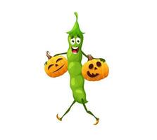 Cartoon Halloween pea character with pumpkins vector