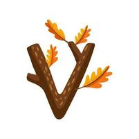 Letter V autumn font, cartoon ABC of tree branches vector