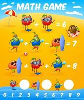 Math game worksheet with cartoon fruits on beach vector