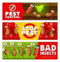 Pest control banners, cartoon cockroach characters vector