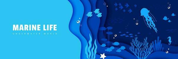 Sea paper cut landscape banner. Fish shoal banner vector