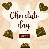 World chocolate day design template. Chocolate blocks. Post with chocolate desserts. Vector illustration in cartoon style