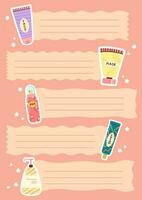 Cute Planner Page with make up cosmetics. Weekly or daily note cards for notes. Design template with tubes of cosmetics. Vector. vector