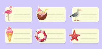 Paper notes on stickers. Stationery set with memo planners with cute summer elements. Vector illustration. Template in cartoon style