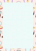 Cute makeup cosmetics grid paper. Blank lined sheet in A4 format for notes. Design template. Vector. vector