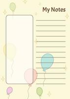 Cute Planner Page with colorful balloons. Weekly or daily note card for notes. Design template in cartoon style. Vector. vector