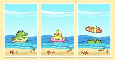 Kawaii animals duck and crocodile on the beach. Collection of summer background designs. Vertical vector illustration in cartoon style.